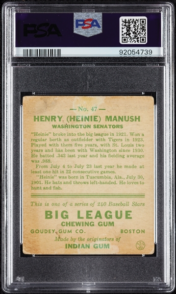 1933 Goudey Heinie Manush No. 47 PSA 1.5