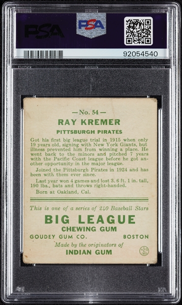 1933 Goudey Ray Kremer No. 54 PSA 1.5