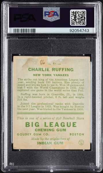 1933 Goudey Red Ruffing No. 56 PSA 1.5 (MK)