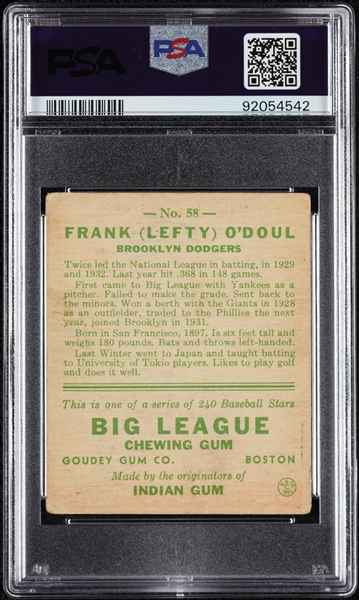 1933 Goudey Lefty O'Doul No. 58 PSA 2