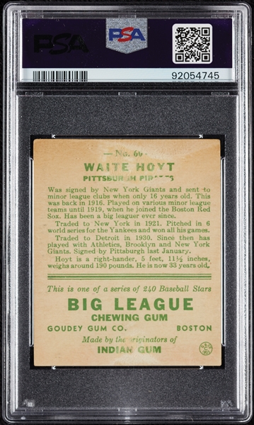 1933 Goudey Waite Hoyt No. 60 PSA 1.5