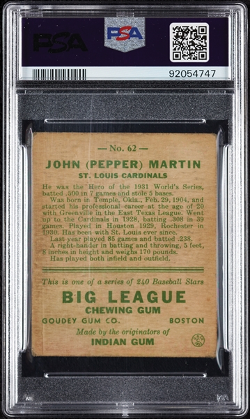 1933 Goudey Pepper Martin No. 62 PSA 3