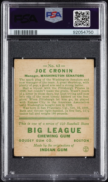 1933 Goudey Joe Cronin No. 63 PSA 3