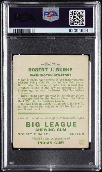 1933 Goudey Robert Burke No. 71 PSA 2