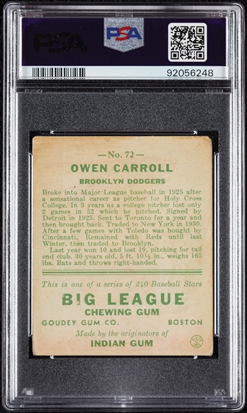 1933 Goudey Owen Carroll No. 72 PSA 3