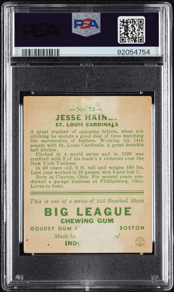 1933 Goudey Jesse Haines No. 73 PSA 1.5