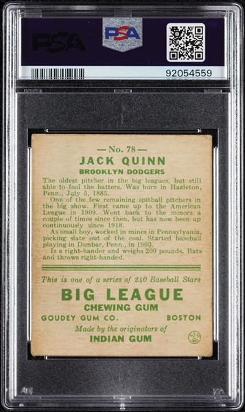 1933 Goudey Jack Quinn No. 78 PSA 3