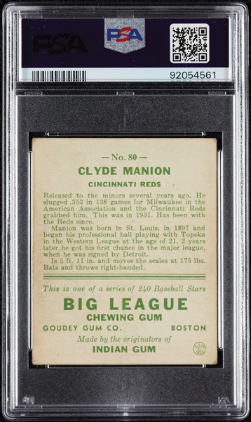 1933 Goudey Clyde Manion No. 80 PSA 2