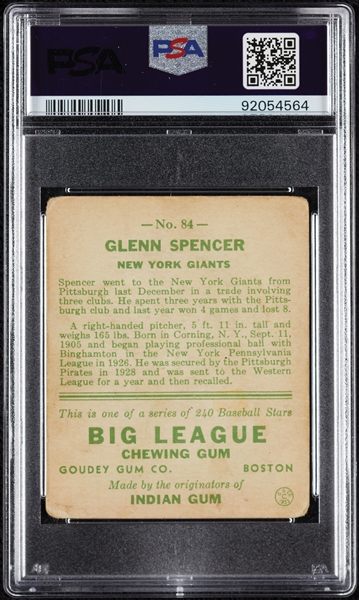 1933 Goudey Glenn Spencer No. 84 PSA 1