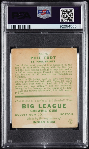 1933 Goudey Phil Todt No. 86 PSA 1.5