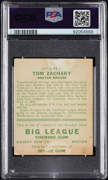 1933 Goudey Tom Zachary No. 91 PSA 1.5