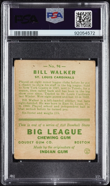 1933 Goudey Bill Walker No. 94 PSA 2