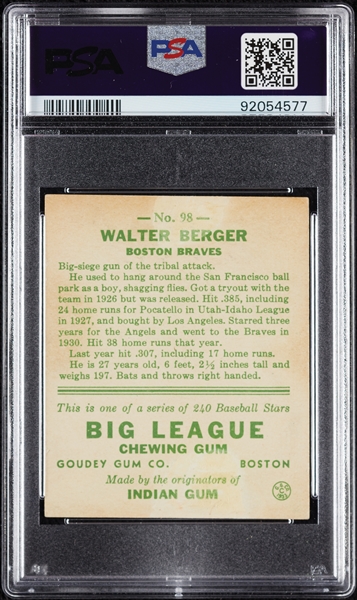 1933 Goudey Walter Berger No. 98 PSA 2