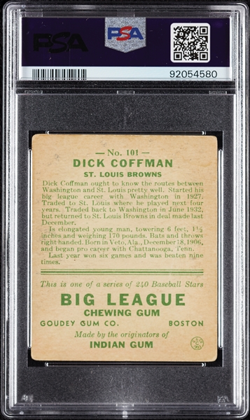 1933 Goudey Richard Coffman No. 101 PSA 2