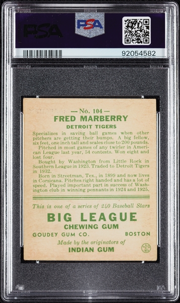 1933 Goudey Fred Marberry No. 104 PSA 4