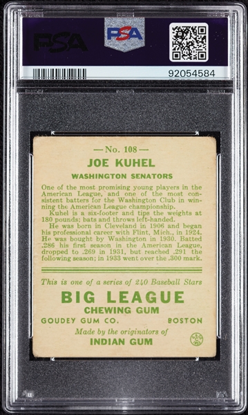 1933 Goudey Joe Kuhel No. 108 PSA 1.5