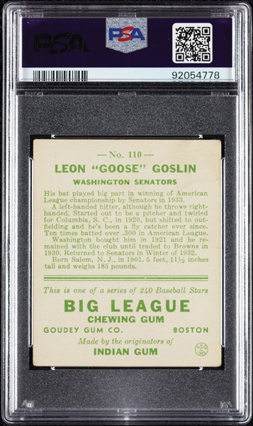 1933 Goudey Goose Goslin No. 110 PSA 2