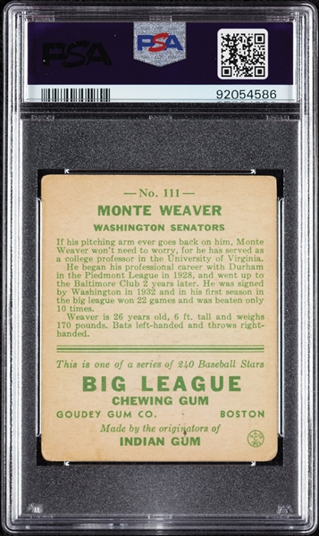 1933 Goudey Monte Weaver No. 111 PSA 2