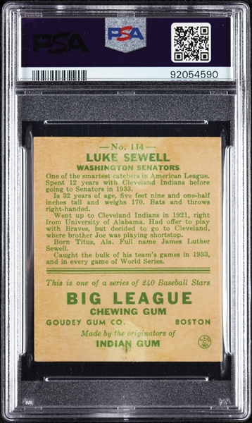 1933 Goudey Luke Sewell No. 114 PSA 2