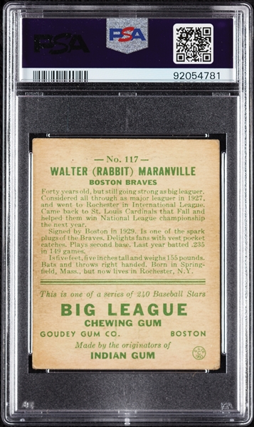 1933 Goudey Rabbit Maranville No. 117 PSA 2