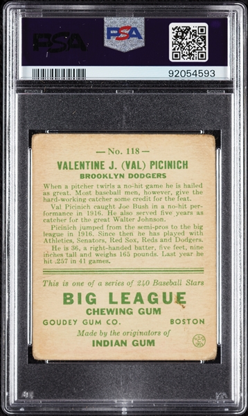 1933 Goudey Val Picinich No. 118 PSA 2