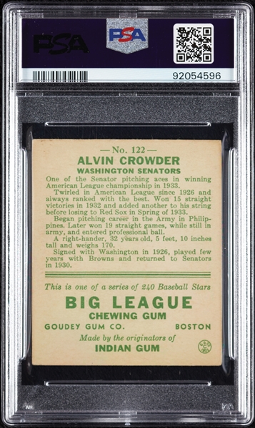 1933 Goudey Alvin Crowder No. 122 PSA 4.5