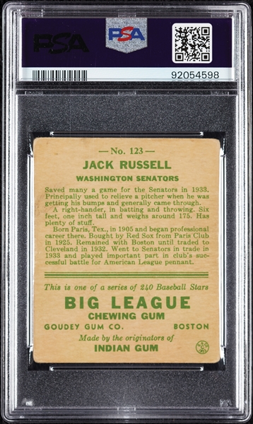 1933 Goudey Jack Russell No. 123 PSA 2