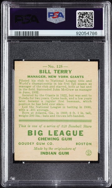 1933 Goudey Bill Terry No. 125 PSA 4