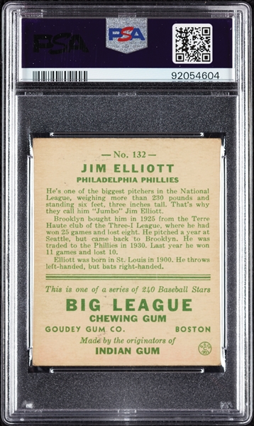 1933 Goudey Jim Elliott No. 132 PSA 2