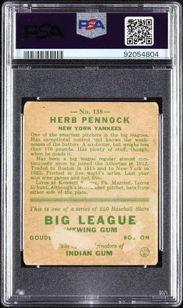 1933 Goudey Herb Pennock No. 138 PSA 1.5