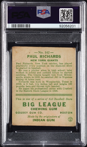 1933 Goudey Paul Richards No. 142 PSA 2