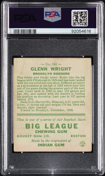 1933 Goudey Glenn Wright No. 143 PSA 1