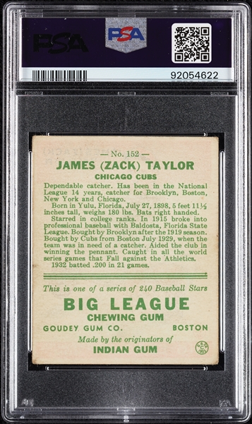 1933 Goudey Zack Taylor No. 152 PSA 3