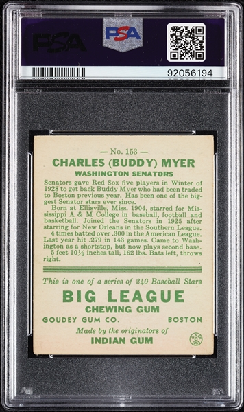 1933 Goudey Buddy Myer No. 153 PSA 4