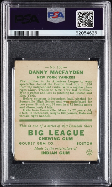 1933 Goudey Danny Macfayden No. 156 PSA 2