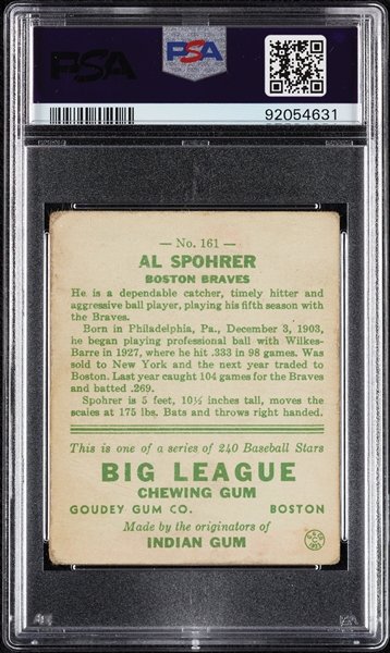 1933 Goudey Al Spohrer No. 161 PSA 2