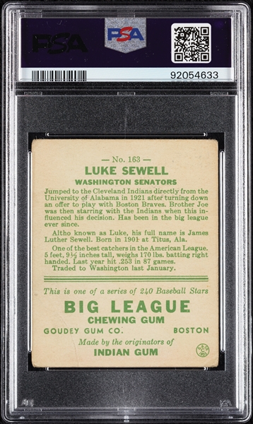 1933 Goudey Luke Sewell No. 163 PSA 2