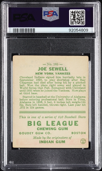 1933 Goudey Joe Sewell No. 165 PSA 3