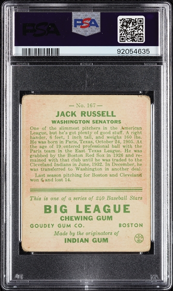 1933 Goudey Jack Russell No. 167 PSA 2