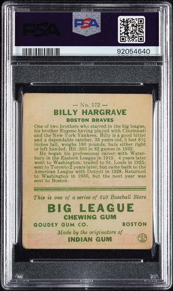 1933 Goudey Billy Hargrave No. 172 PSA 2