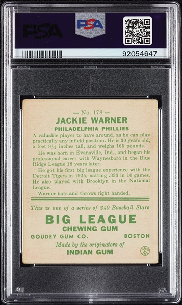 1933 Goudey Jackie Warner No. 178 PSA 2