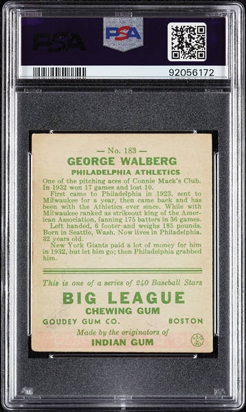 1933 Goudey George Walberg No. 183 PSA 3 (MK)