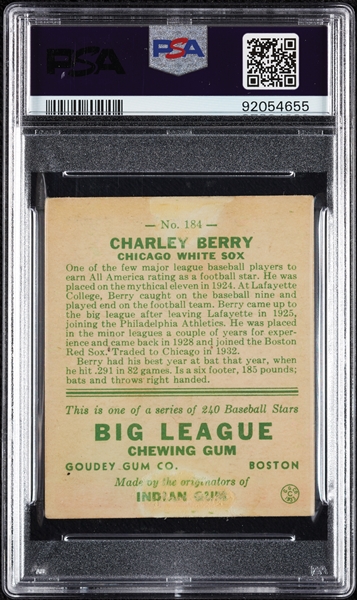 1933 Goudey Charlie Berry No. 184 PSA 2