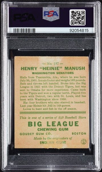 1933 Goudey Heinie Manush No. 187 PSA 2