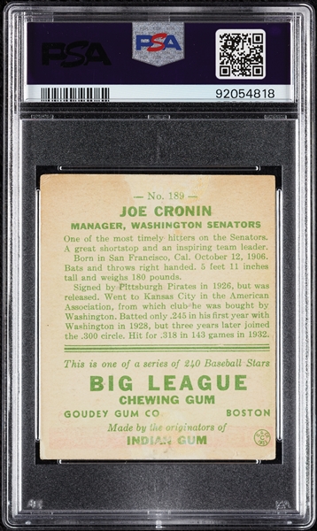 1933 Goudey Joe Cronin No. 189 PSA 2