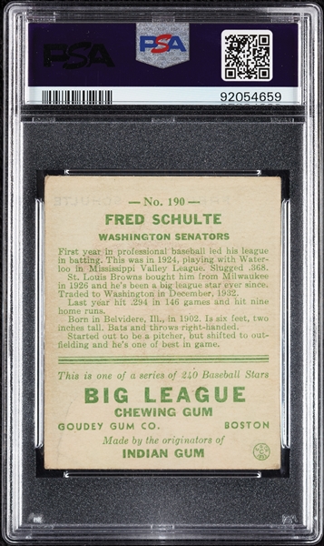 1933 Goudey Fred Schulte No. 190 PSA 3