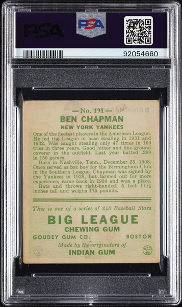 1933 Goudey Ben Chapman No. 191 PSA 3