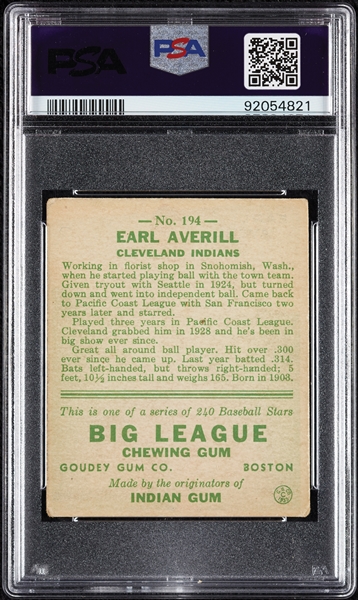 1933 Goudey Earl Averill No. 194 PSA 3