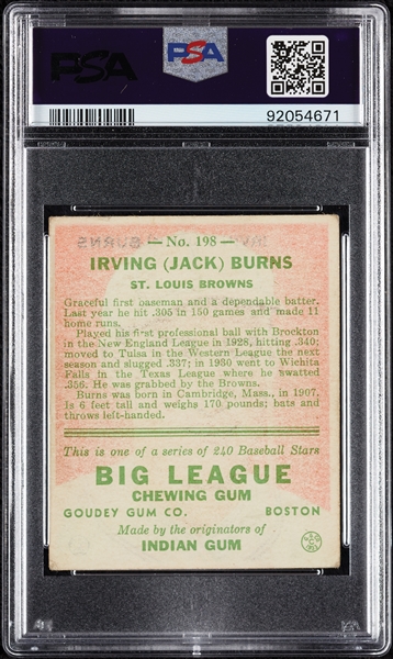 1933 Goudey Jack Burns No. 198 PSA 4