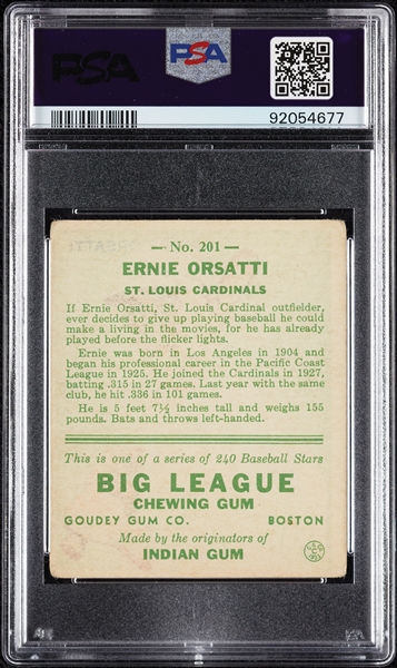 1933 Goudey Ernie Orsatti No. 201 PSA 2